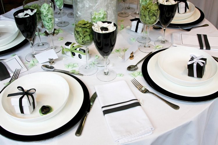elegant table setting for black and white themed wedding