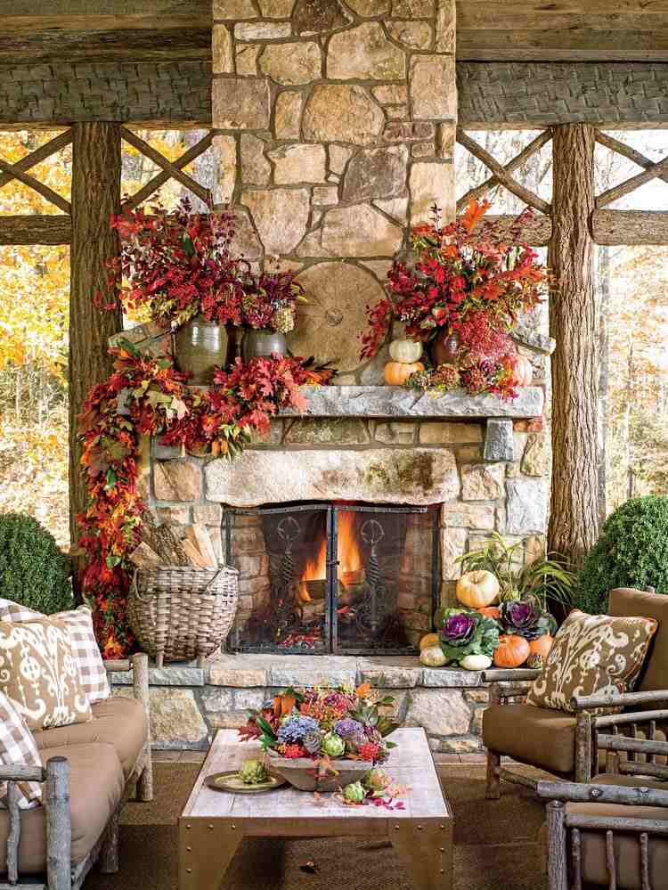 fall decor ideas porch stone fireplace coffee table