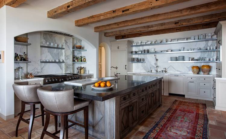 kitchen remodel ideas exposed ceiling beams and open shelves
