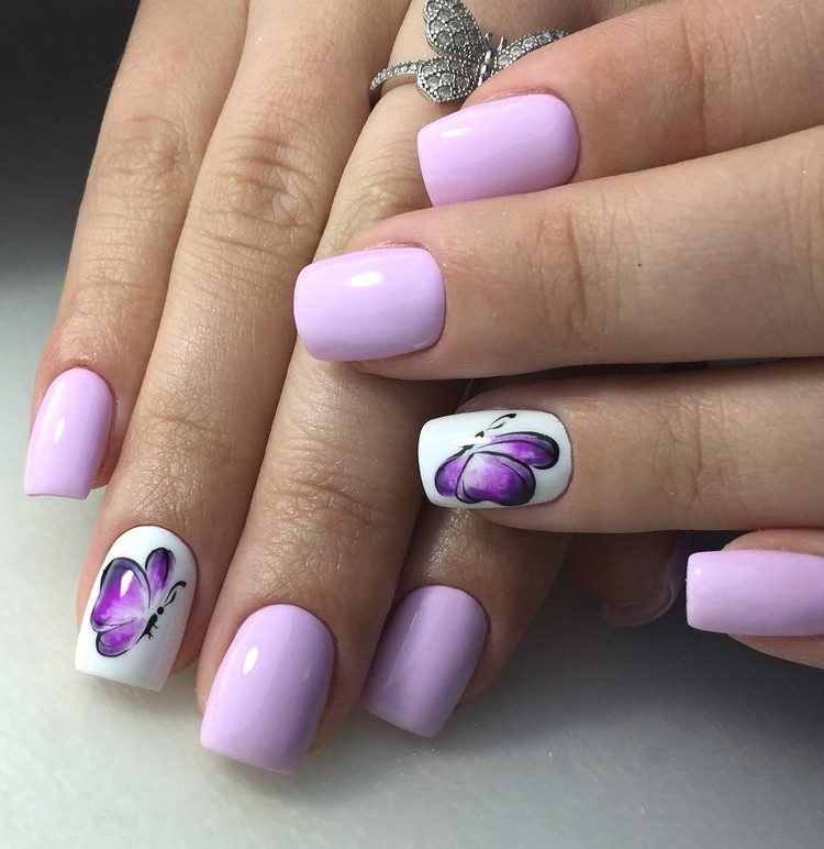 short pink acrylic nail design for the summer butterfly nails