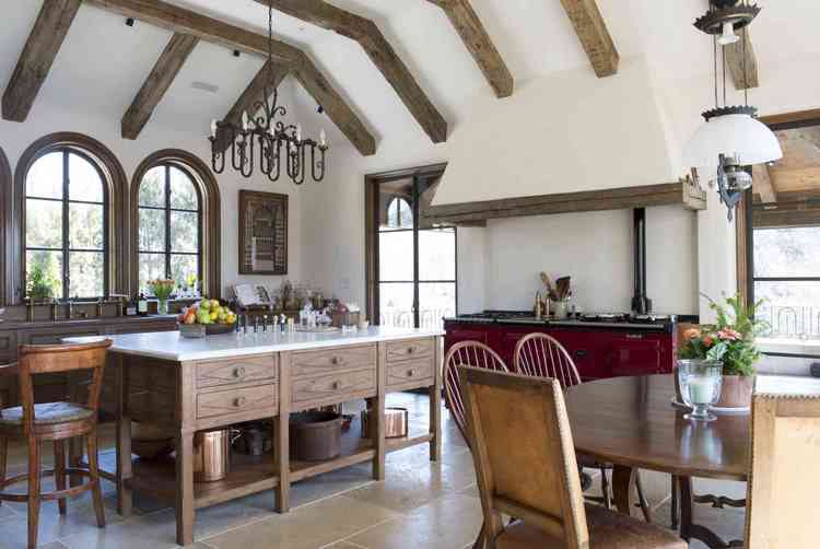 spanish kitchens ideas natural wood furniture white walls ceiling beams