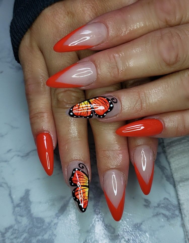 manicure ideas red and negative space with butterfly nail art