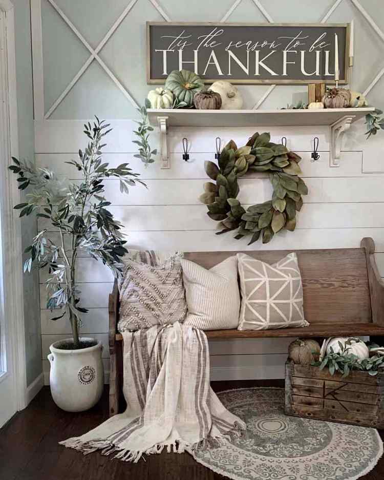 Cozy fall decor ideas farmhouse entryway bench pillows and blanket