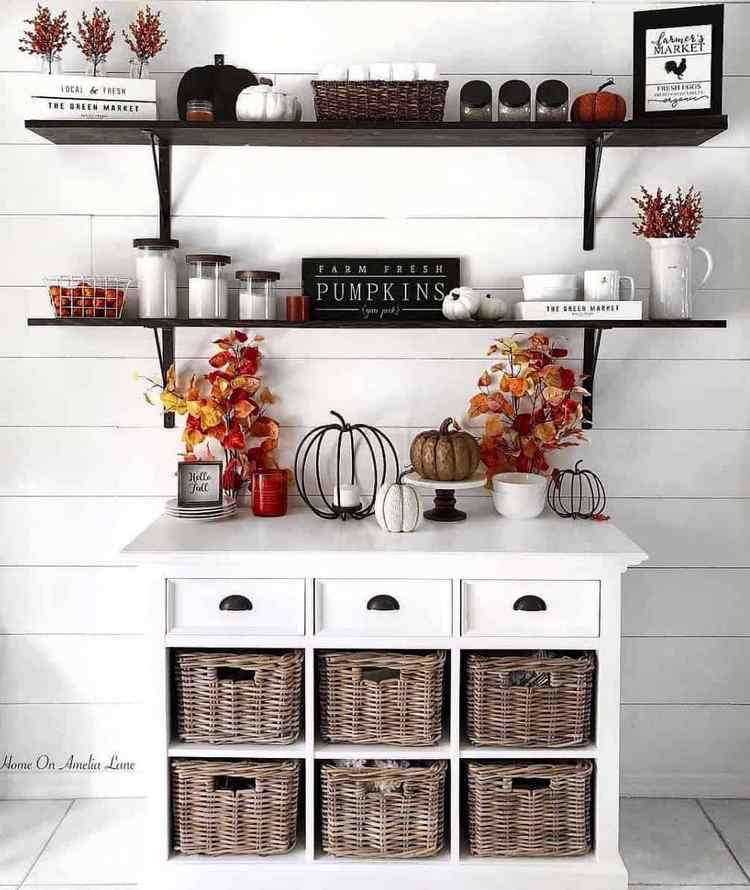Farmhouse fall decor ideas open shelves and storage cabinet in kitchen