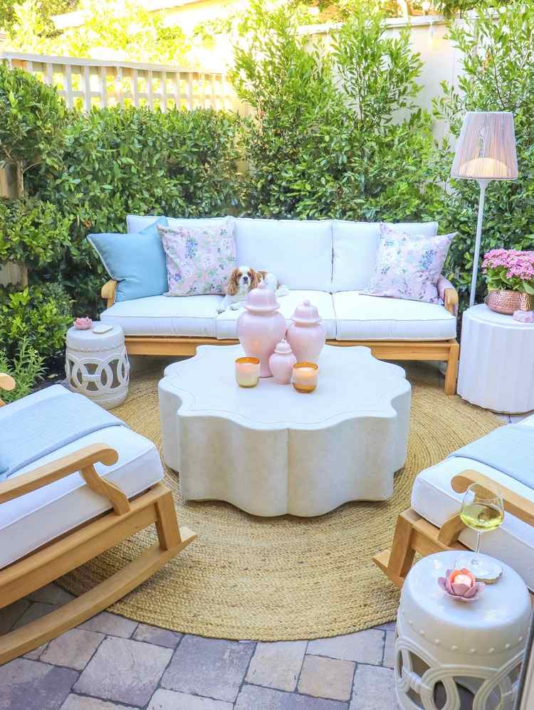 Patio design ideas outdoor furniture coffee table and ceramic stools