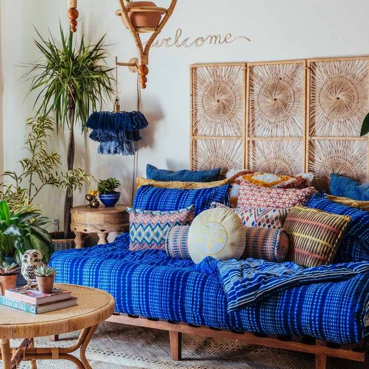 awesome boho living room ideas low sofa with blue upholstery