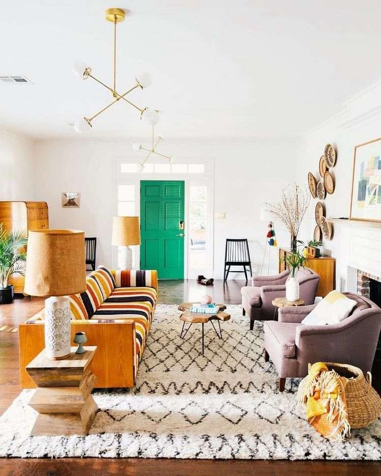 boho chic style in living room in neutral colors and bright accents