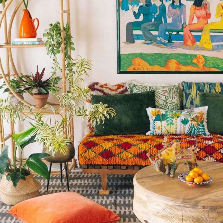 boho living room ideas wooden coffee table plants in flower pots