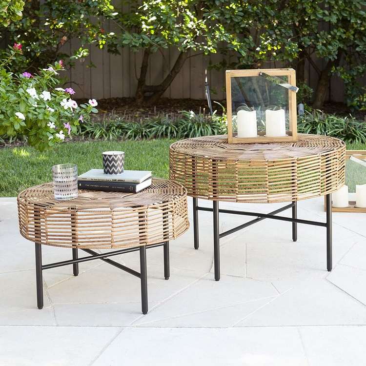 round woven wicker outdoor coffee table set