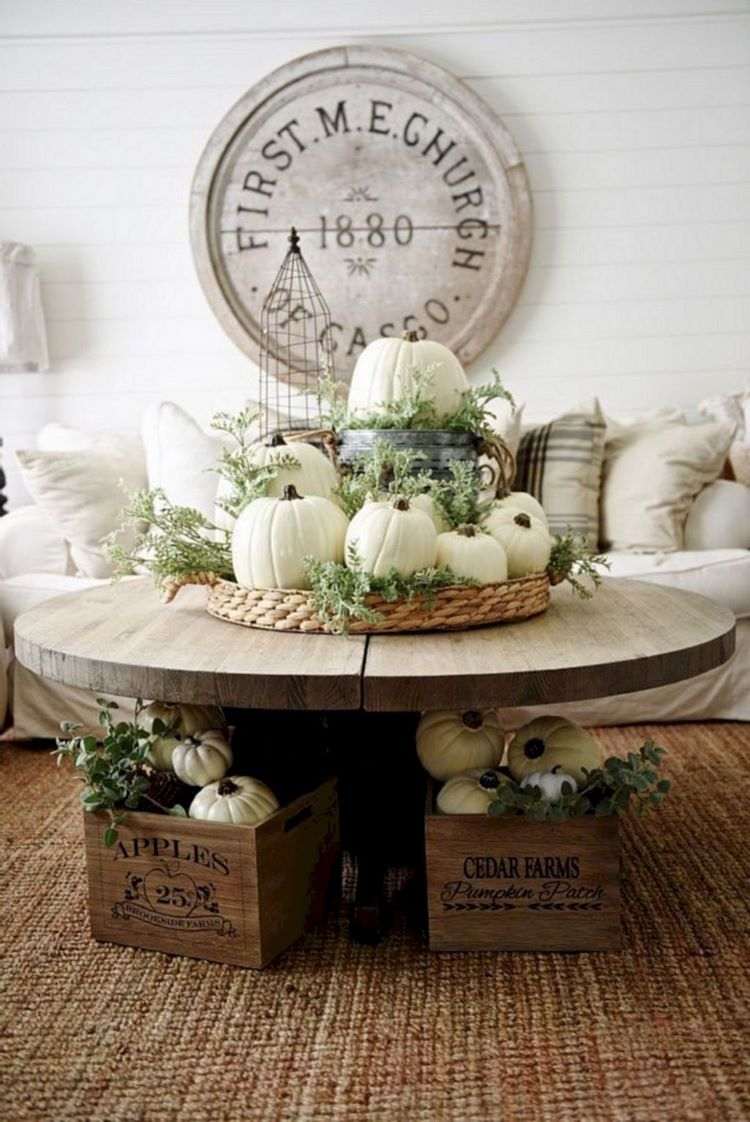 fall decor diy farmhouse living room ideas white pumpkins fresh greens