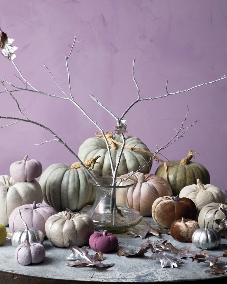 fall decoration 2020 in purple and gray with copper accents pumpkins made of fabric