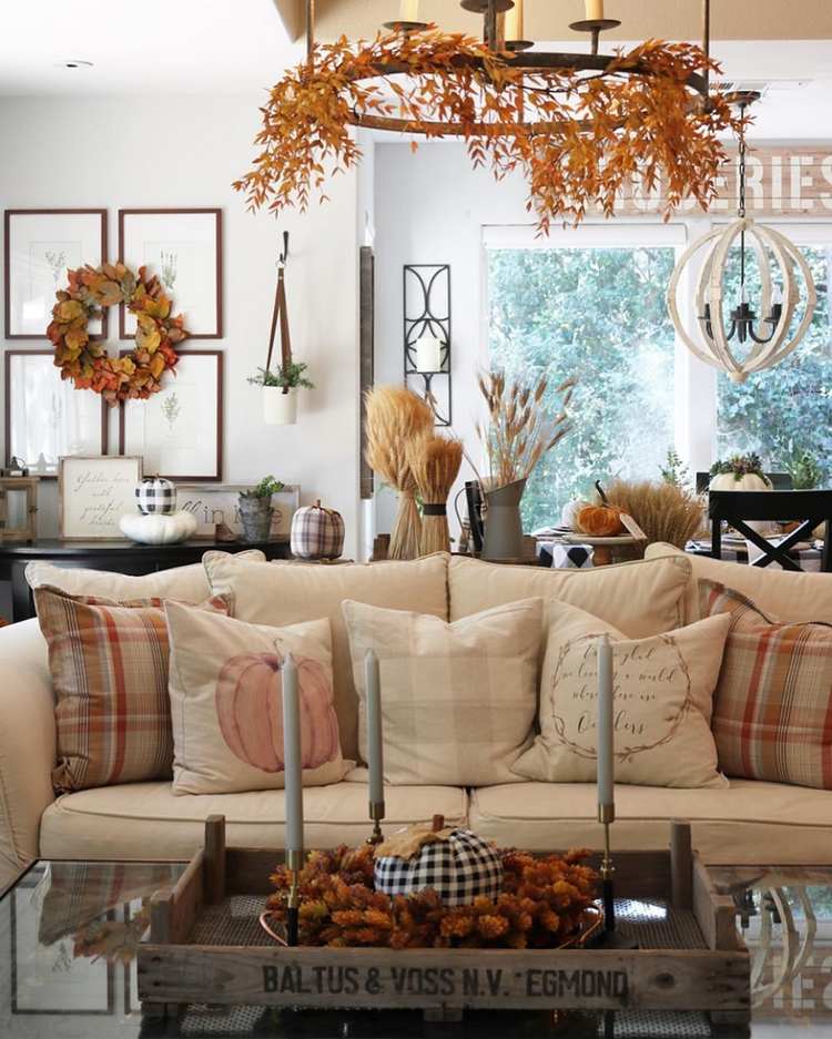 fall living room decor ideas sofa with pillows chandelier garland