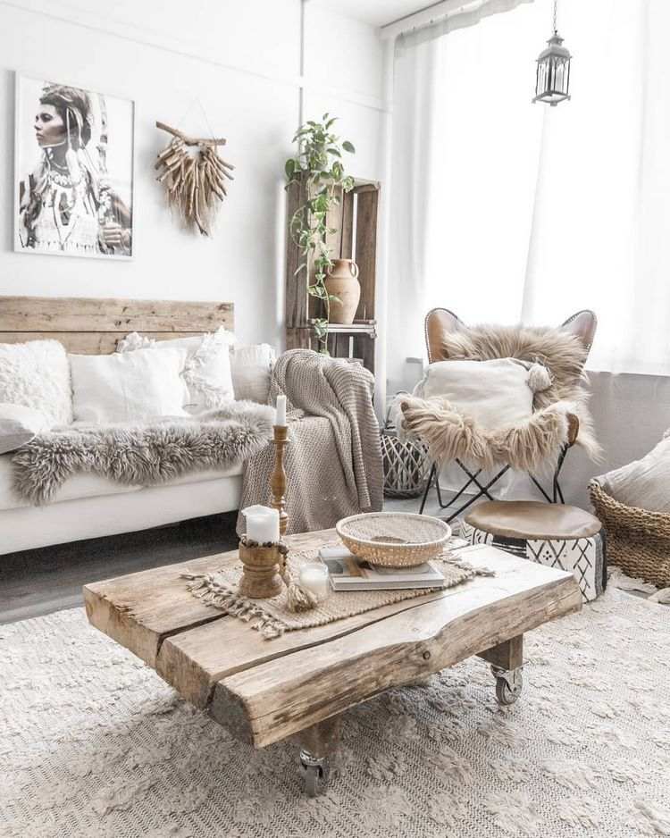 natural materials and light colors in boho chic living room