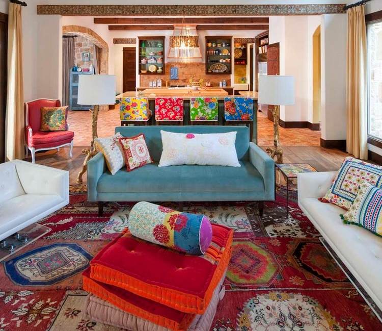 open plan living space decorated in Bohemian style
