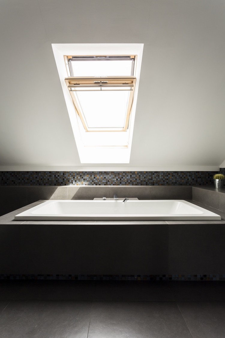 rectangular bath under attic window lighting ideas
