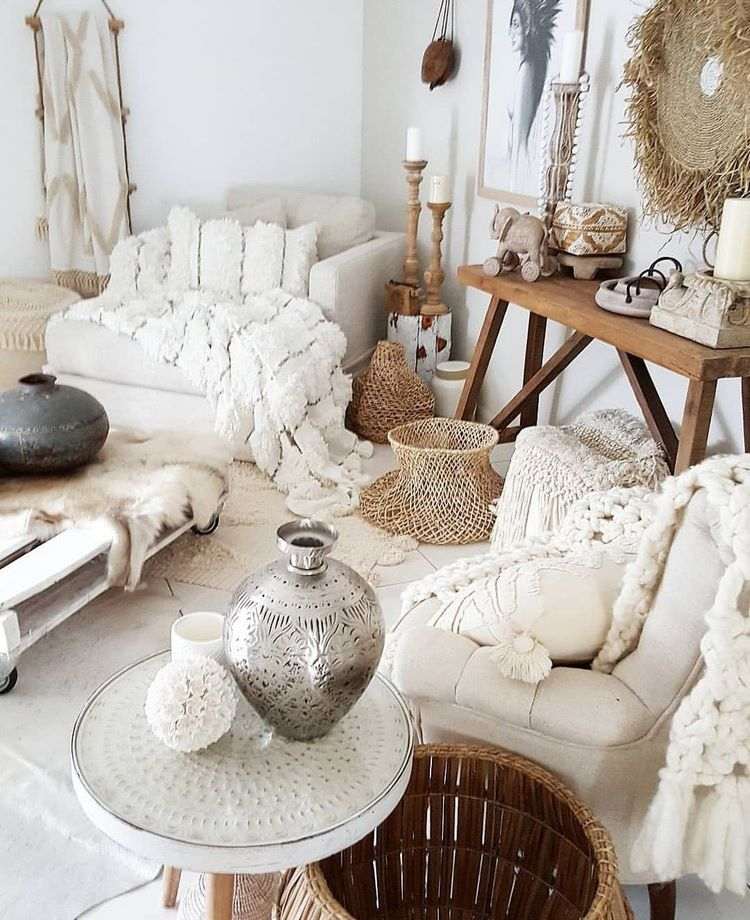 white beige boho chic interior in living room