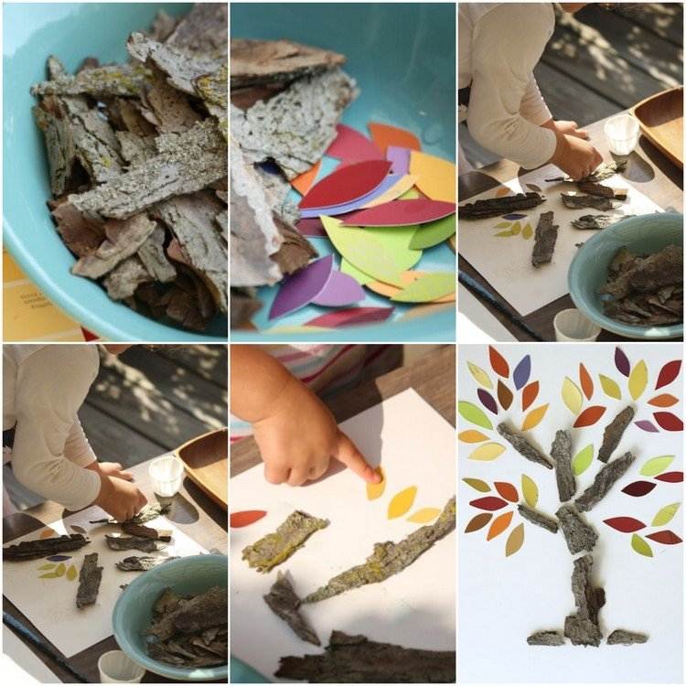 DIY fall tree with pieces of bark craft activity with children