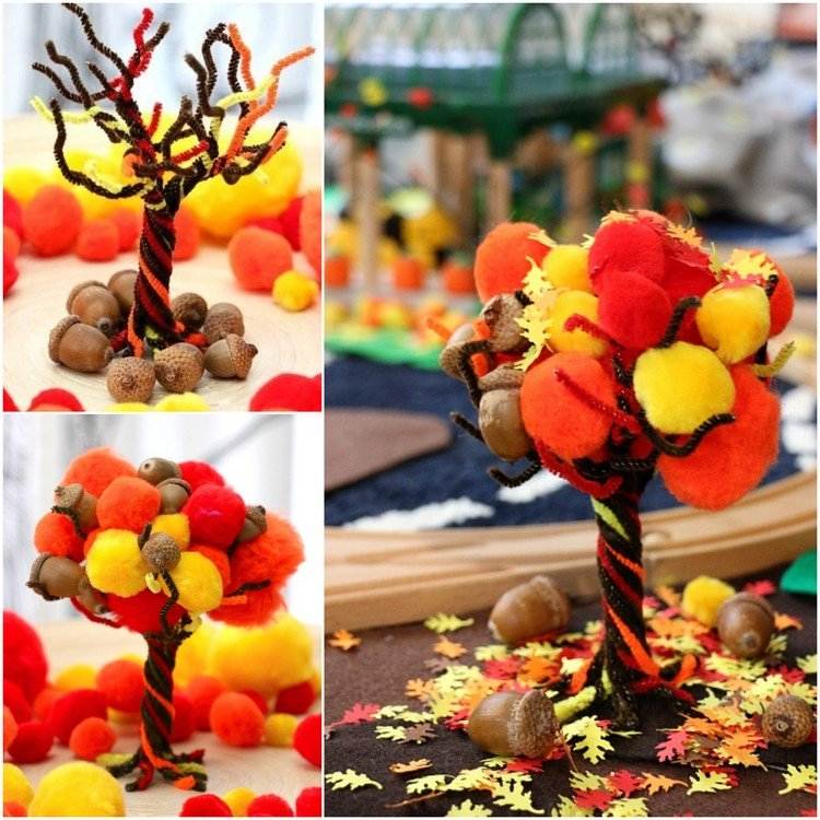 DIY fall tree with pompoms and pipe cleaners