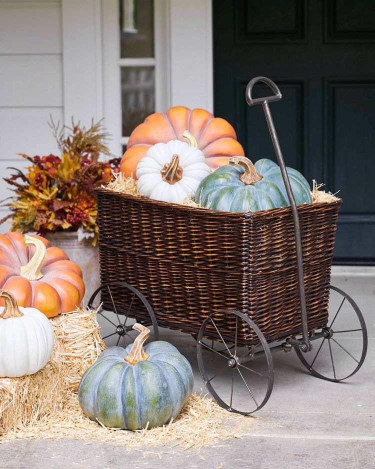 Front porch fall decor ideas cart with pumpkins
