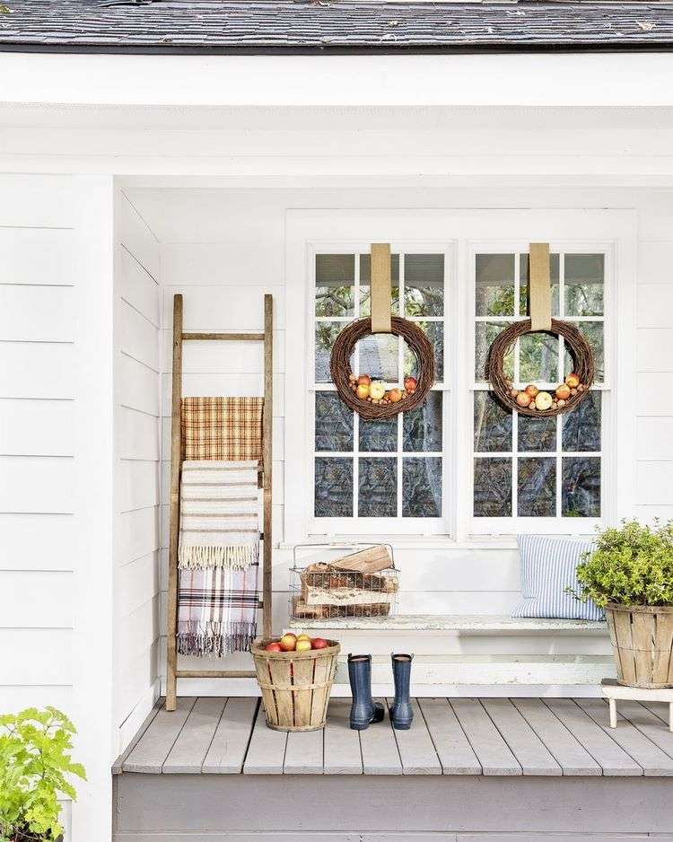 apple wreaths and ladder front door and porch fall decor ideas