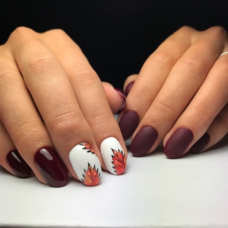 chic manicure ideas burgundy and white nail art fall leaf