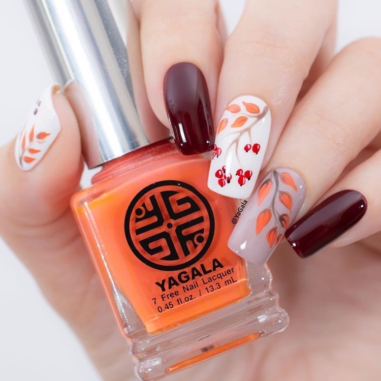 fall branches and leaves berries nail art burgundy white polish