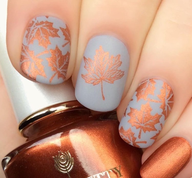 fall leaf nail art techniques stamping matte gray and copper varnish