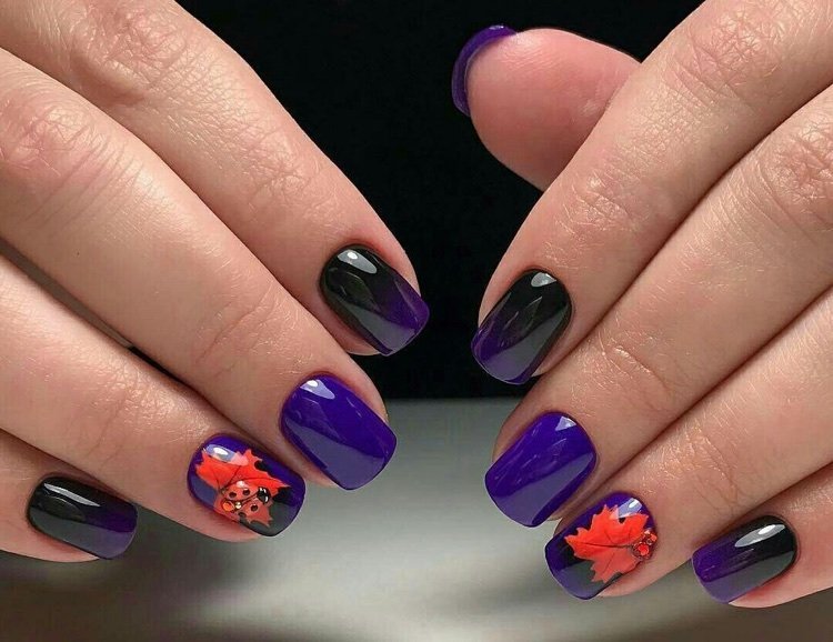 fall nail art elegant blue black ombre manicure with autumn leaves