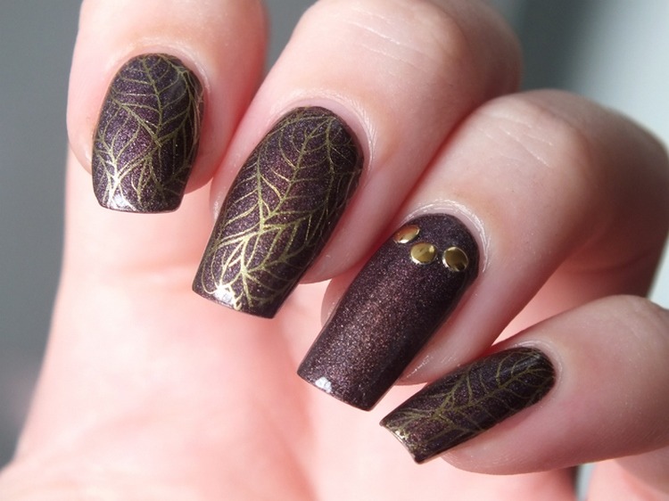 fall nail art french manicure brown and gold