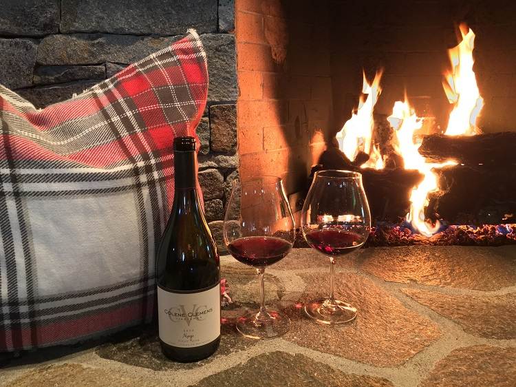 fireplace and wine cozy atmosphere during fall nights
