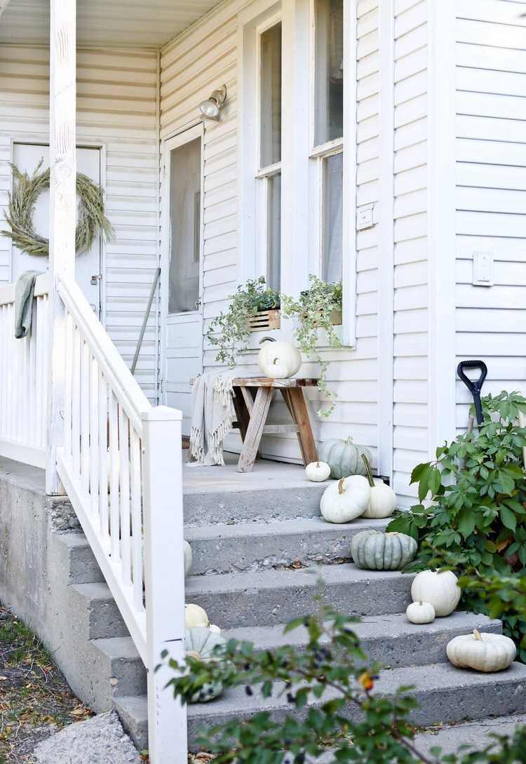 front door and stairs decor ideas for the fall white pumpkins