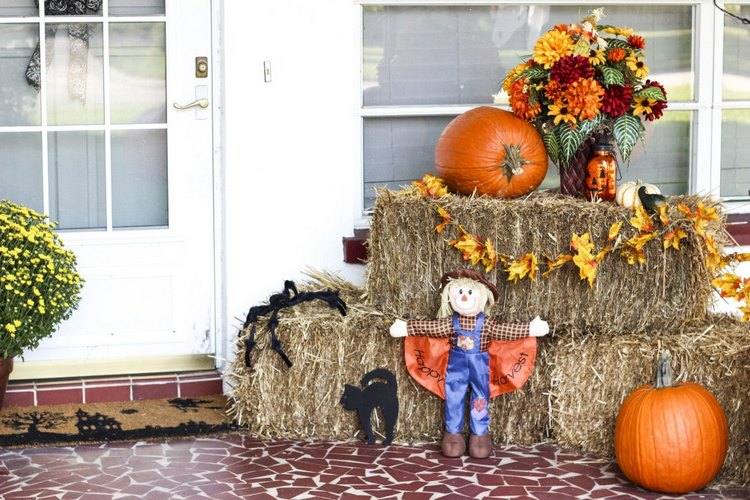 front porch fall decor ideas hay bales pumpkins scarecrow