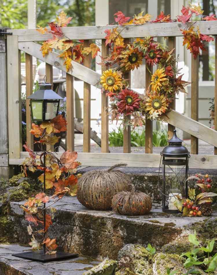 front porch fall decor ideas lantern wreath flowers leaves pumpkins