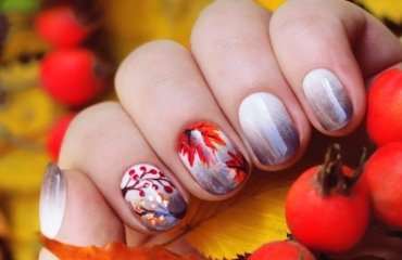 ombre-nail-design-with-red-maple-fall-leaf-decoration