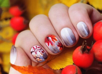 ombre-nail-design-with-red-maple-fall-leaf-decoration
