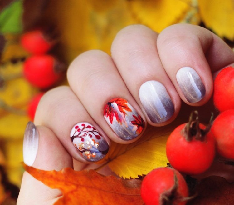 ombre nail design with red maple fall leaf decoration