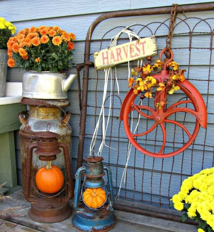 outdoor fall decorating ideas old items rust lantern flower pot