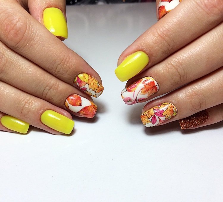 yellow nail art leaves autumn stickers chic manicure ideas