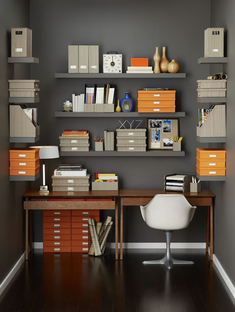 Containers and boxes are a great solution for organizing a home office