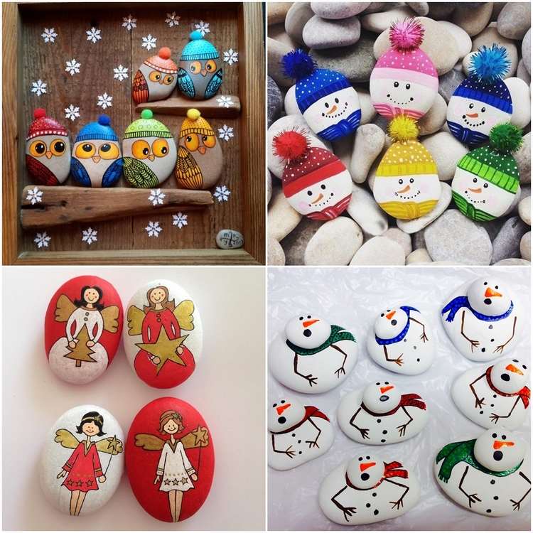 DIY rock painting ideas Christmas angels snowmen owls