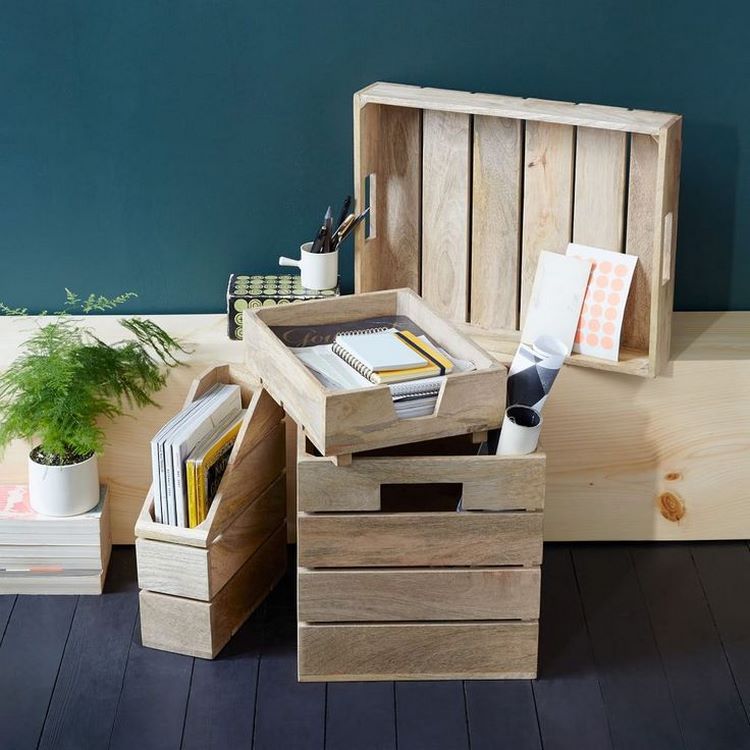 DIY storage and organization containers for home office wooden crates