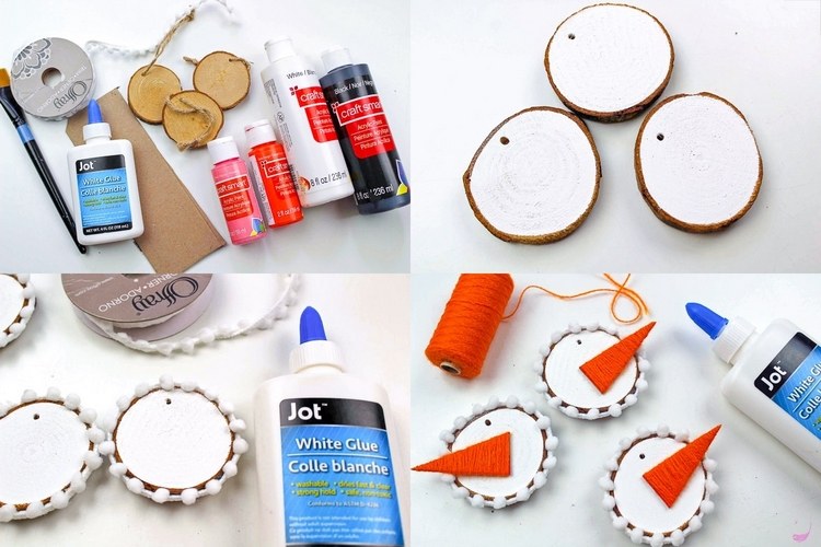 Diy Snowman Ornaments with Wooden Slices step by step