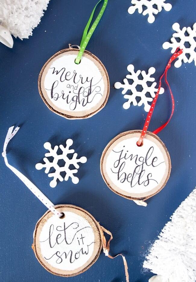 Hand Lettered Wood Slice Christmas tree Ornaments