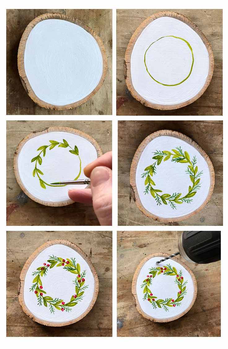 Hand Painted Wood Slice Wreath Ornaments Step by Step