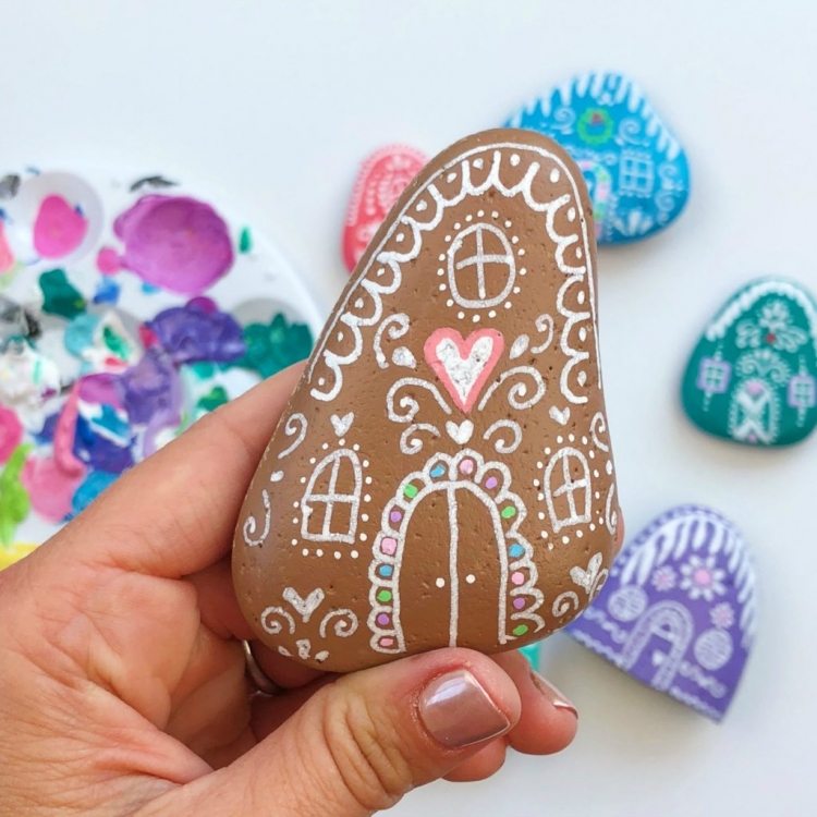 Painted Rock Gingerbread House DIY Christmas decor craft ideas for kids