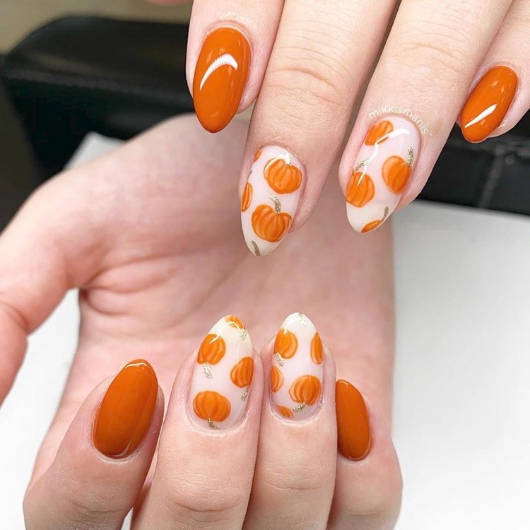 creative nail art autumn manicure orange stickers pumpkins