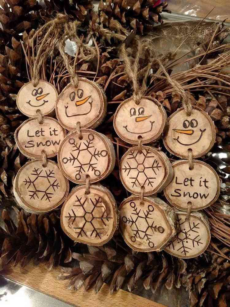 Christmas tree ornaments wood slice snowmen