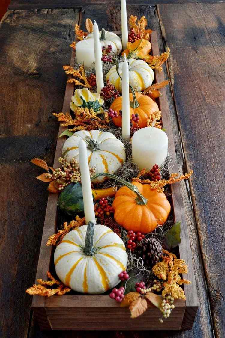 fall table decor DIY Thanksgiving centerpiece leaved candles pumpkins