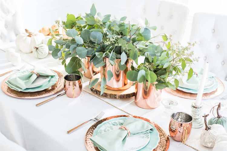 fall tablescape decor green copper DIY centerpiece