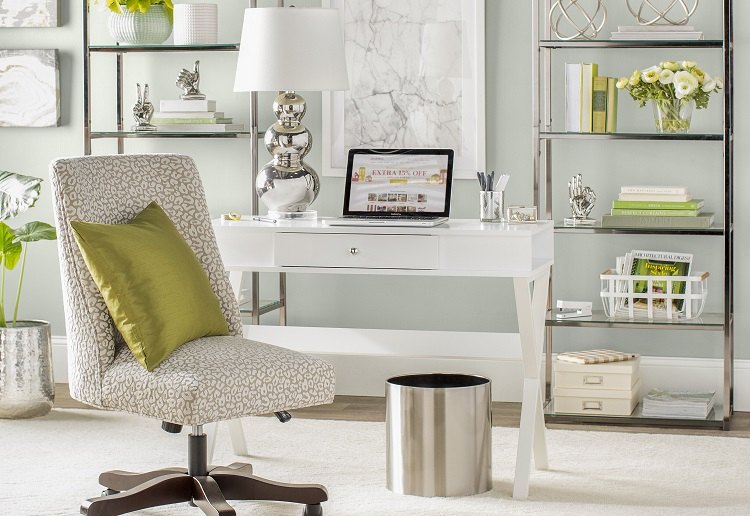 home office with open shelves desk lamp trash can